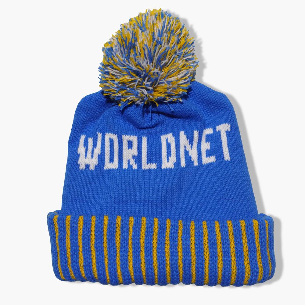 WORLDNET Blue and Yellow Ribbed‎ POM Beanie